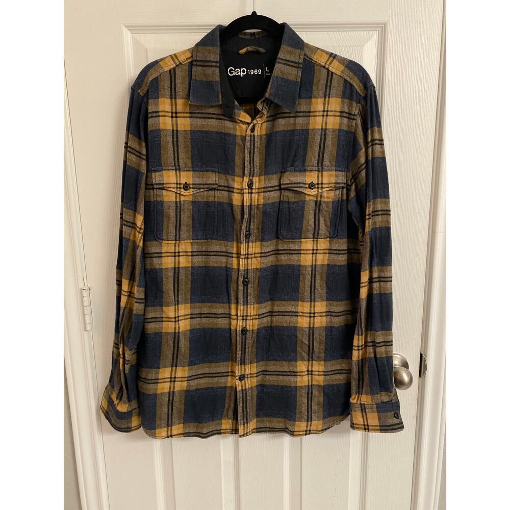 Gap 1969 Plaid Flannel Button Up Shirt Large Mustard Navy Work Casual Grunge